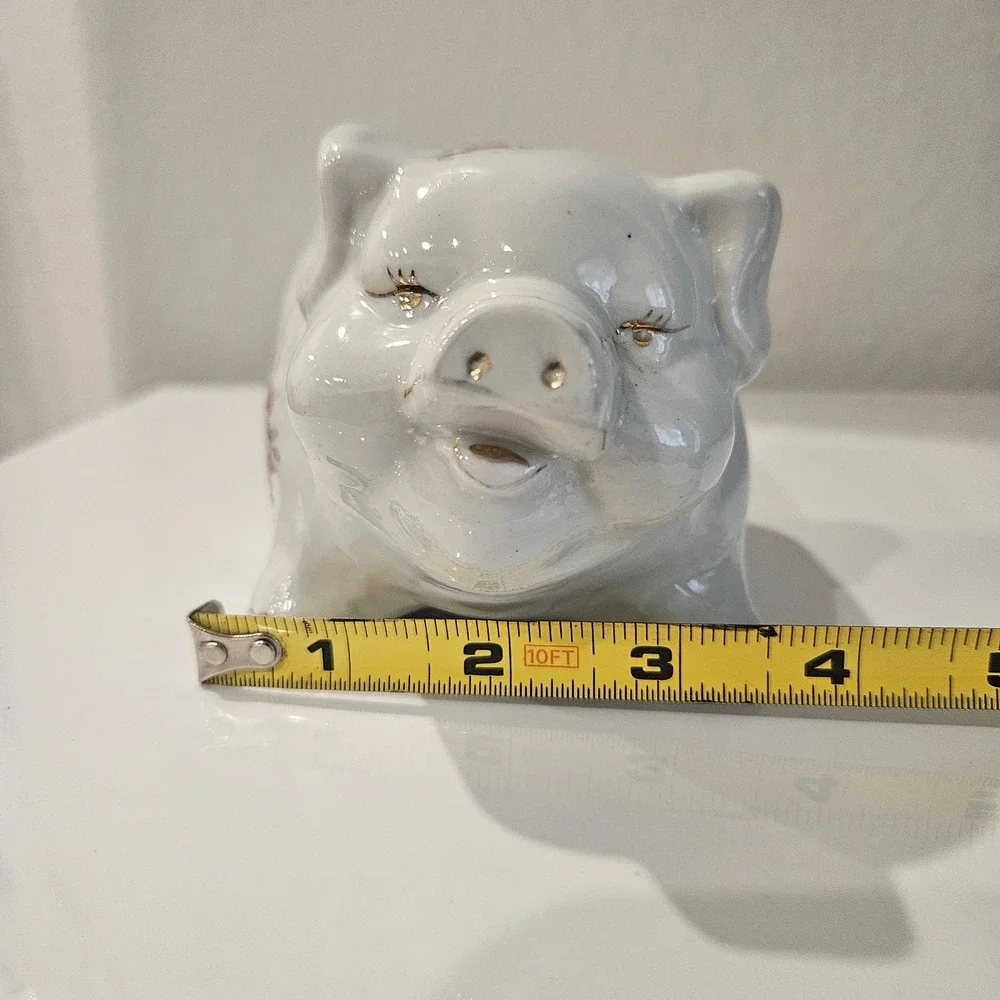 Porcelain White Piggy Bank With Pink Flowers Vintage